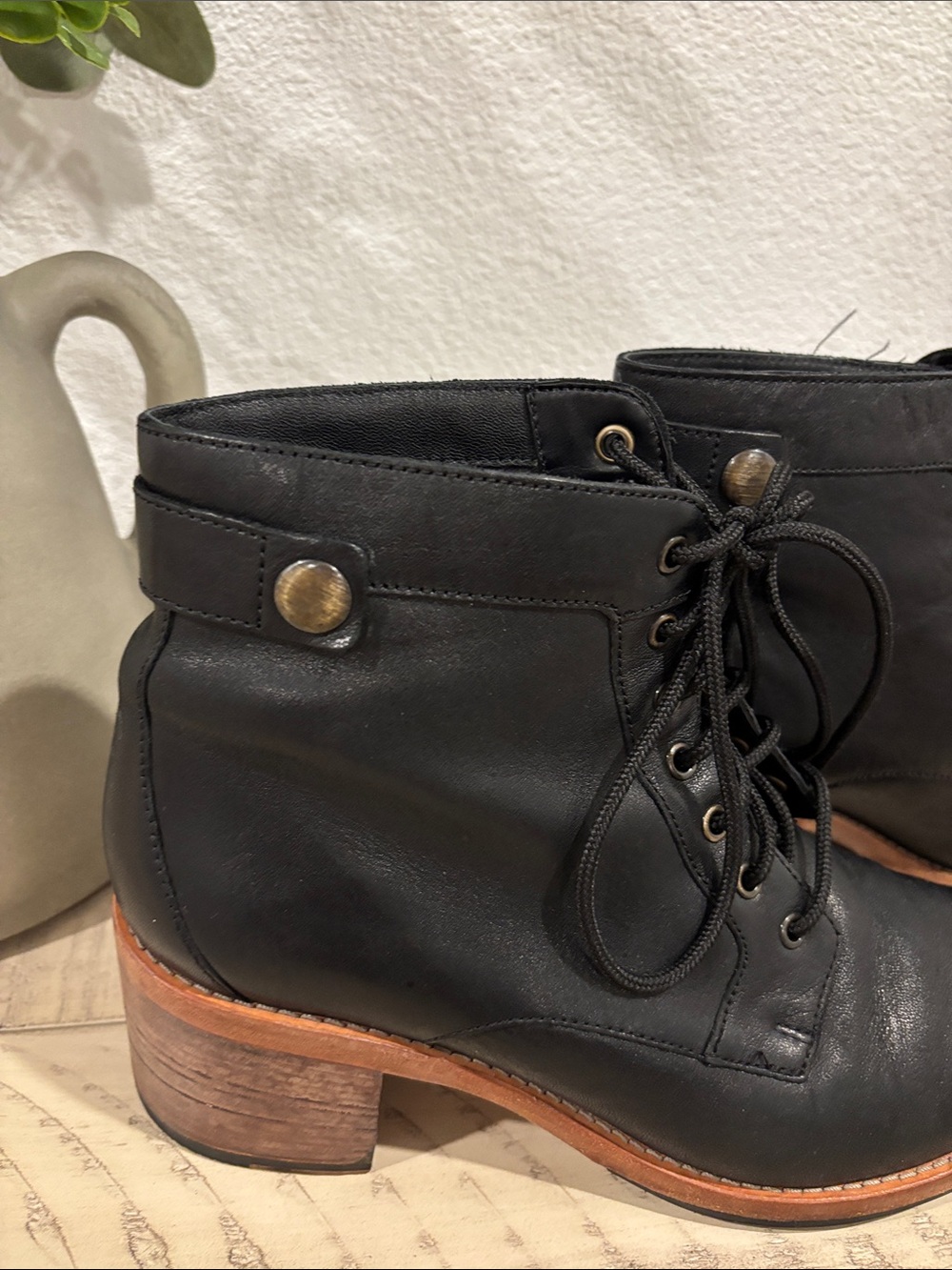 Clarks Black Lace-Up Leather Ankle Boots with Brown Stacked Heel - Picture 7 of 10
